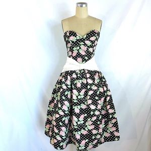Vintage 80s Gunne Sax Dress Strapless Rose & Polka Dot Small